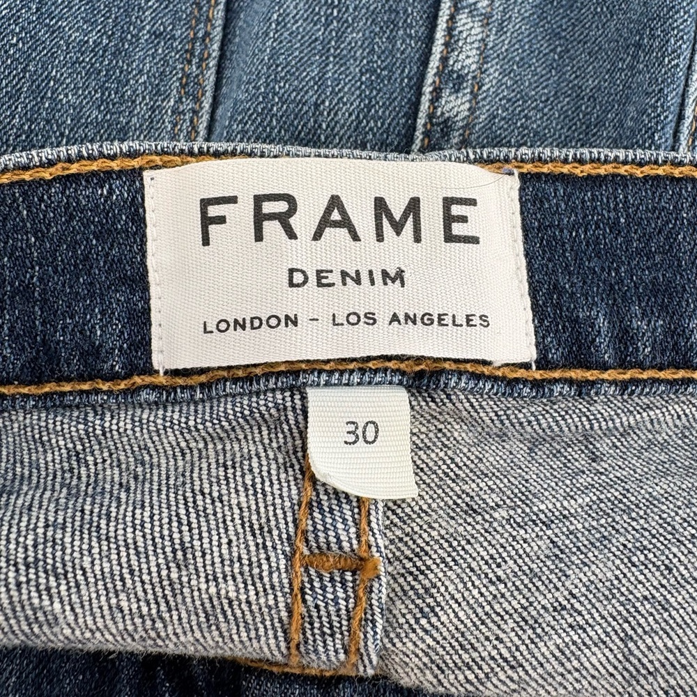 Frame Denim Dark Indigo Straight Leg Jeans with Knee Rip - Picture 6 of 8